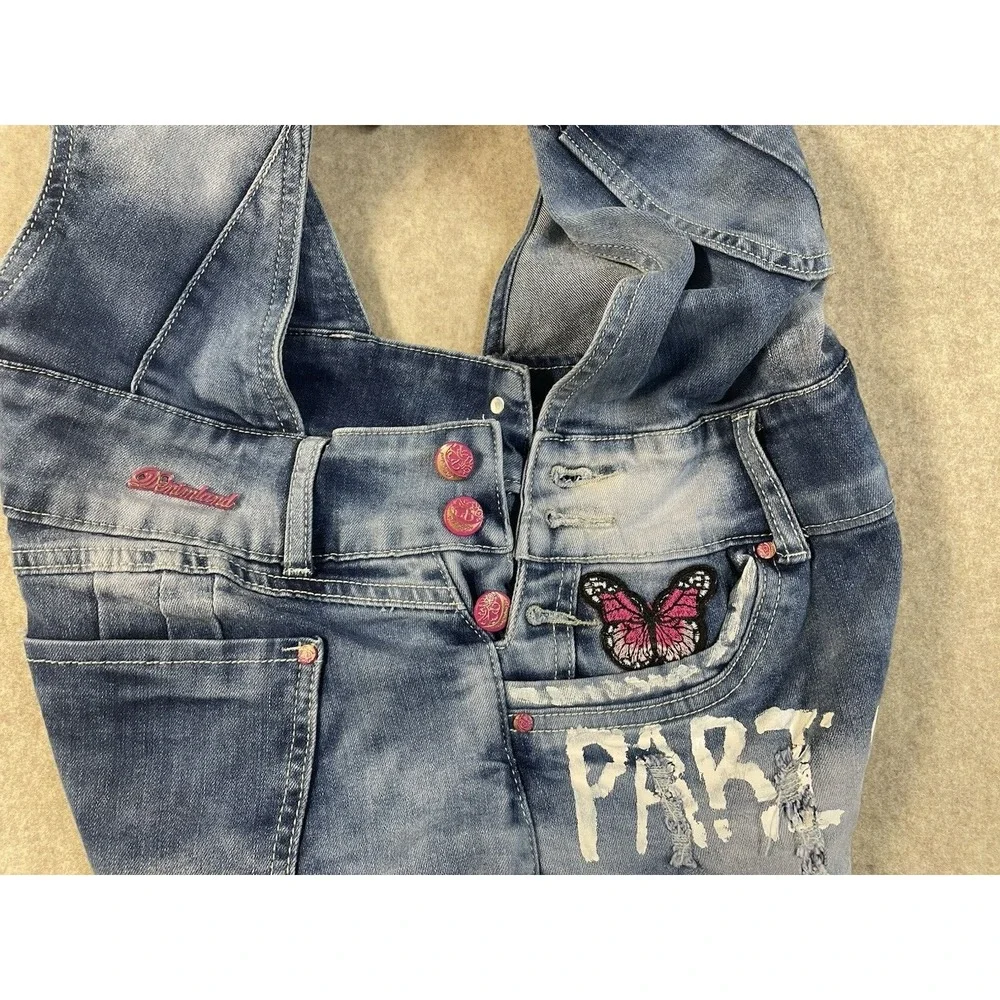 Denim Jean Girls ShortAlls Artsey Vibrant Patches Distressed Hem Painted Paris M